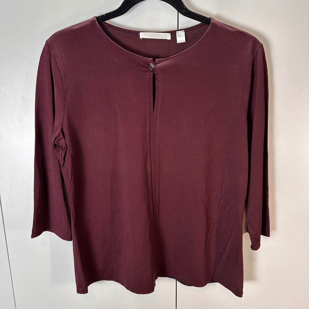 HUGO BOSS Women's M Burgundy Top Jewel Neck 3/4 Sleeve Elegant Minimalist